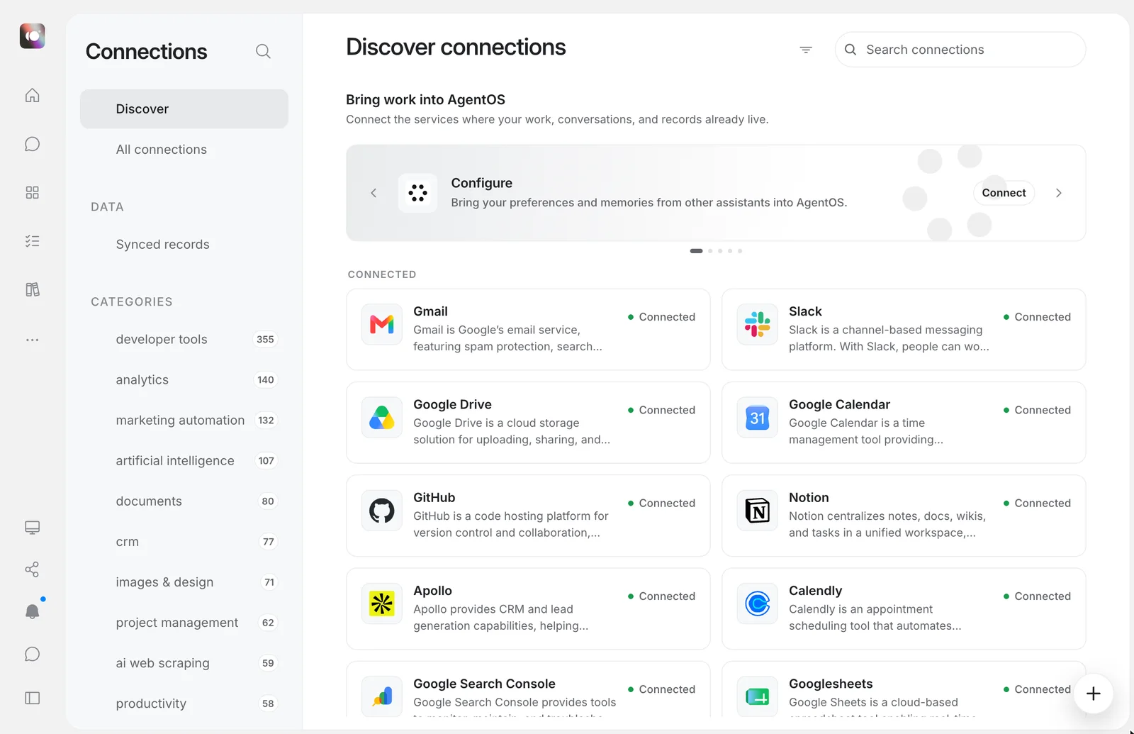 The AgentOS Connections screen showing Gmail, Slack, Google Drive, Google Calendar, GitHub, Notion, Apollo, Calendly, Google Search Console and Google Sheets connected.