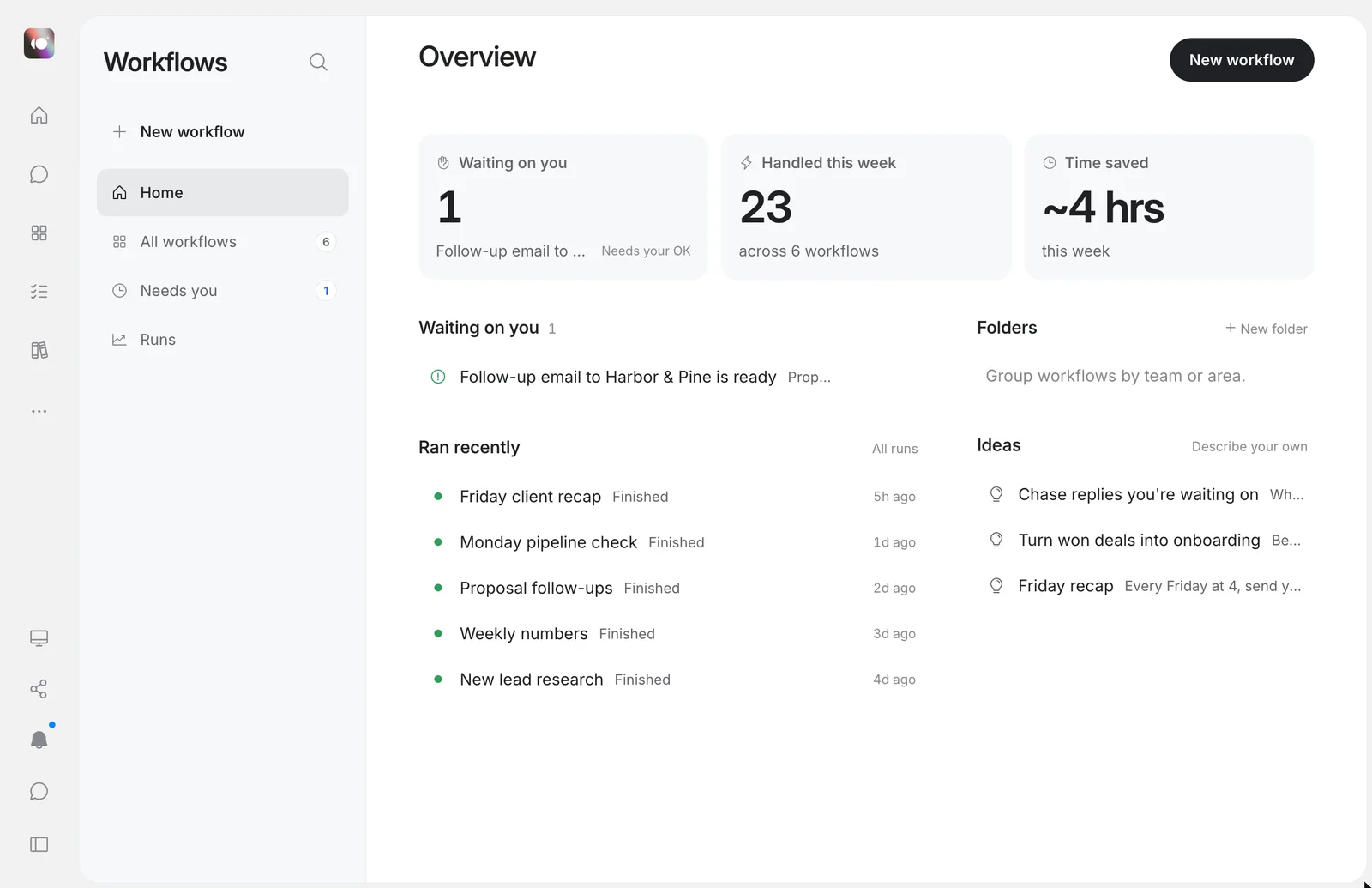 The AgentOS Workflows screen showing a follow-up email to a client waiting for approval, and recent runs including a Friday client recap and a Monday pipeline check.
