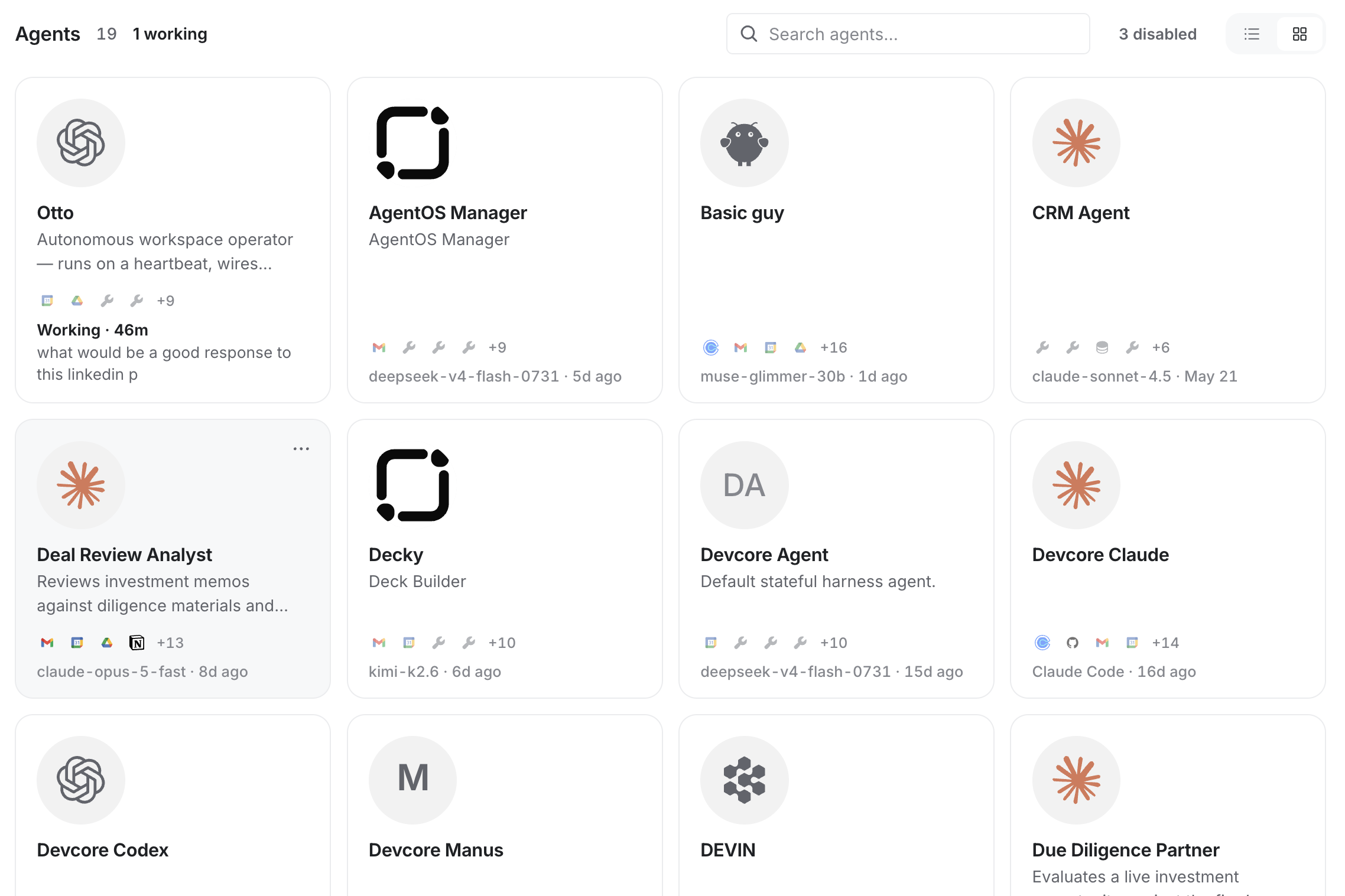 The AgentOS agents view: Otto alongside agents running on Claude, GPT, Devin, Manus, and Codex, each with its connected systems and current status