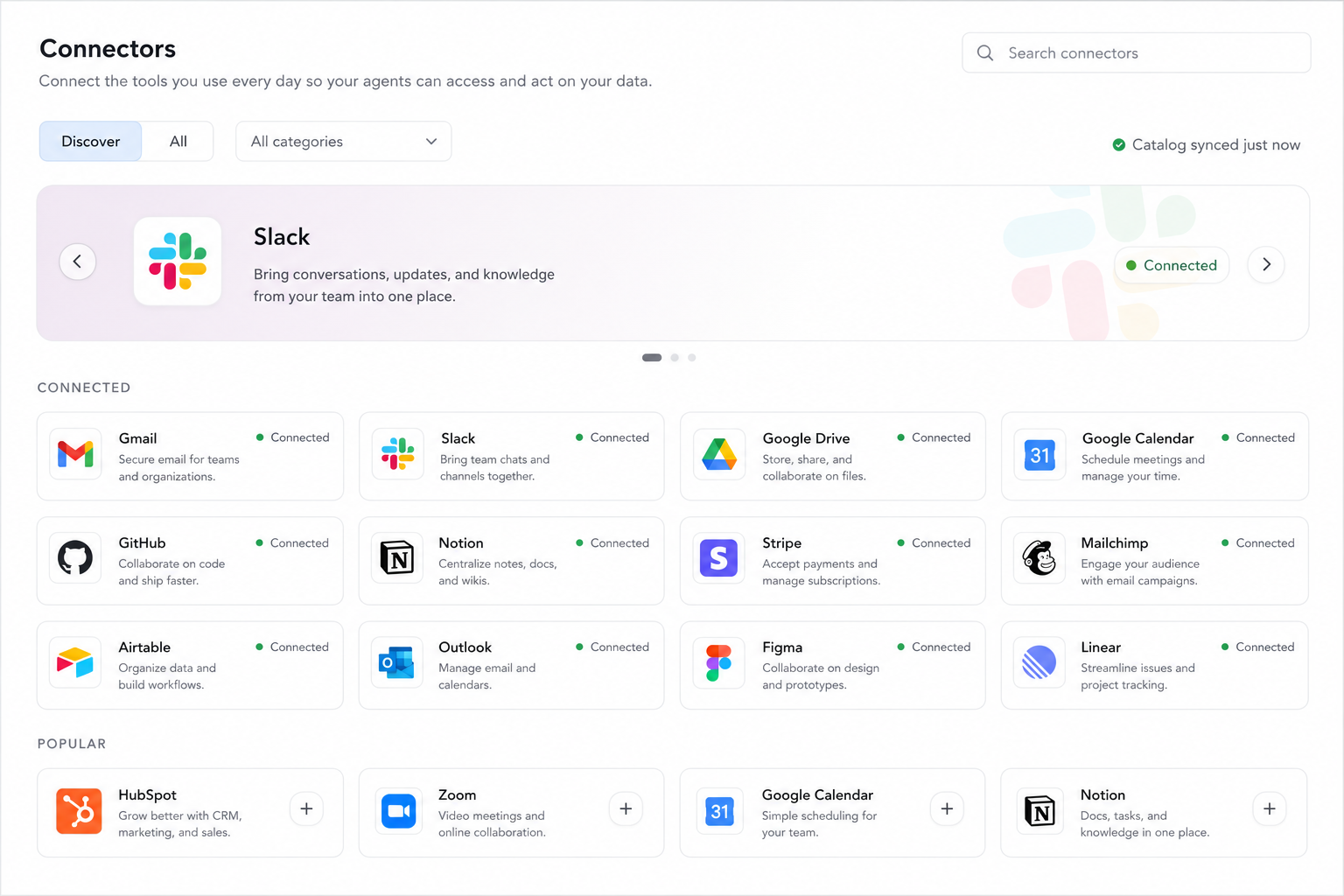 The AgentOS apps gallery with Gmail, Slack, Google Drive, Calendar, Notion, GitHub, and hundreds more