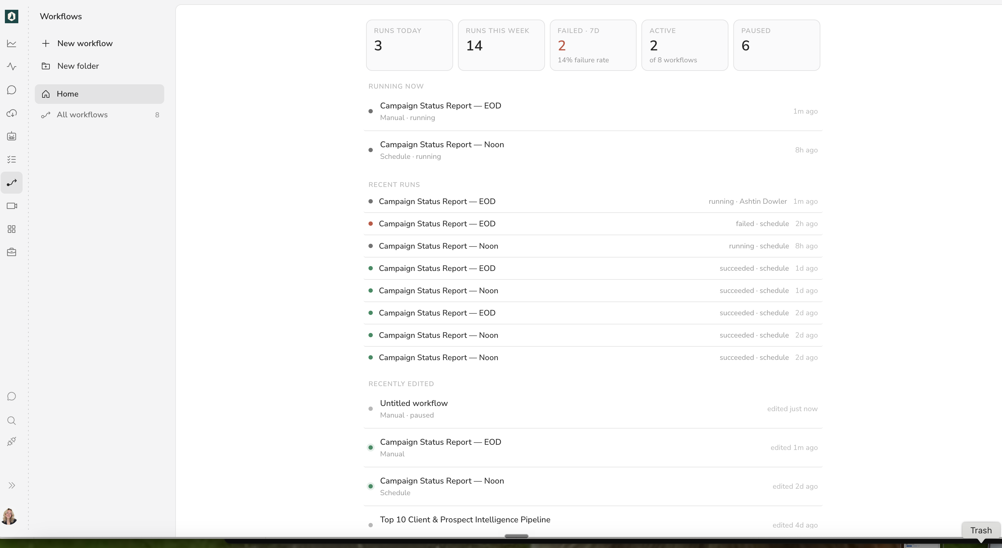 The AgentOS workflows dashboard showing runs today, this week, failures, and recent run history