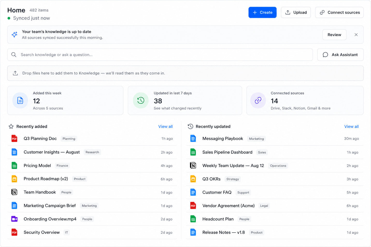 The AgentOS Knowledge base with the company wiki, files, skills, and connected sources organized by space
