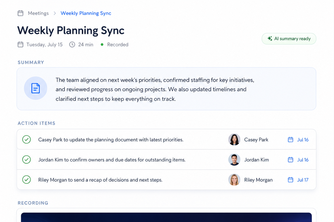 A recorded meeting in AgentOS with a summary, action items, participants, and the recording