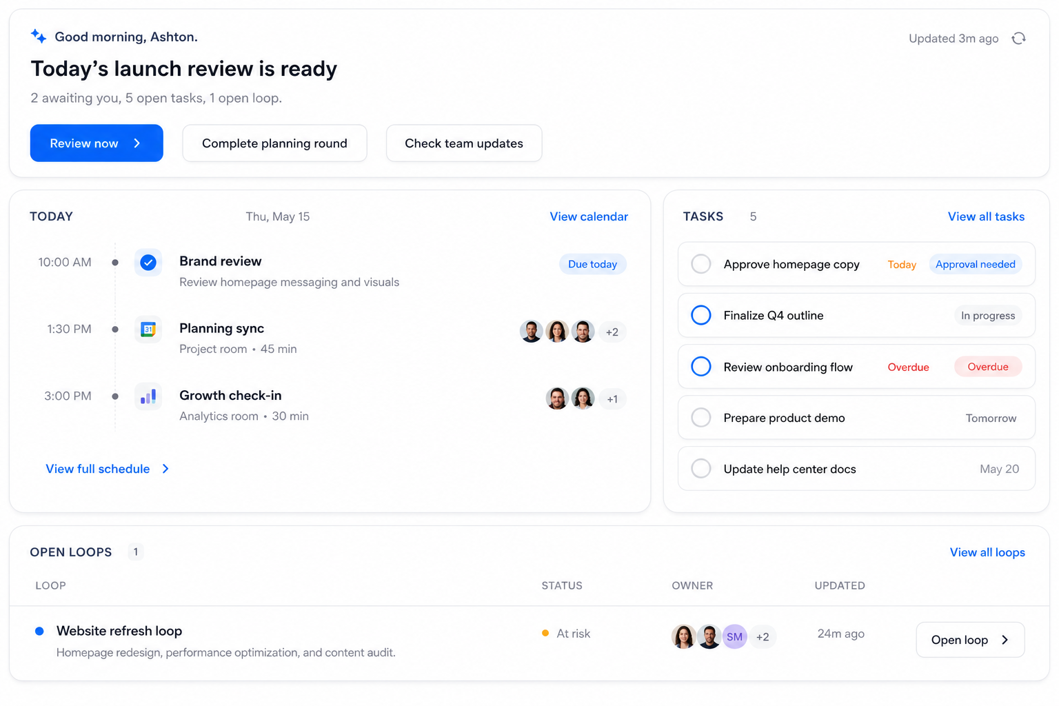 Otto's daily brief with today's schedule, open tasks, and active loops, and one-click actions to review, plan, or check team updates